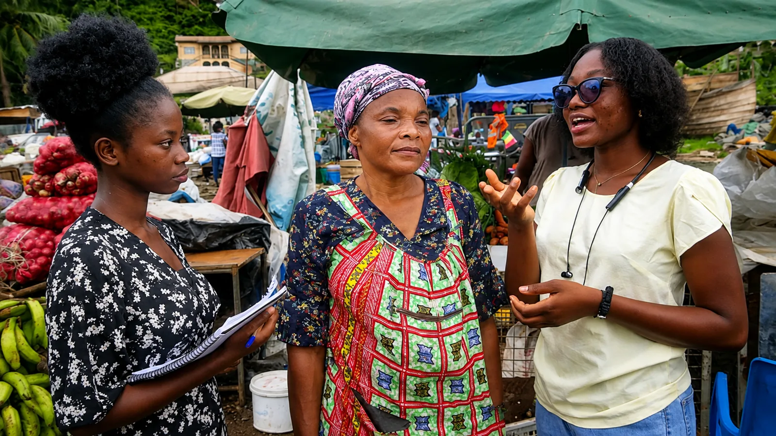 Two Kuapa Dwaso team members listening to a trader at a produce market in Tarkwa