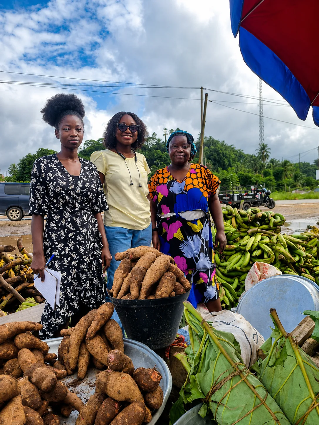 Kuapa Dwaso team members and a trader standing beside cassava and plantain at the Tarkwa market