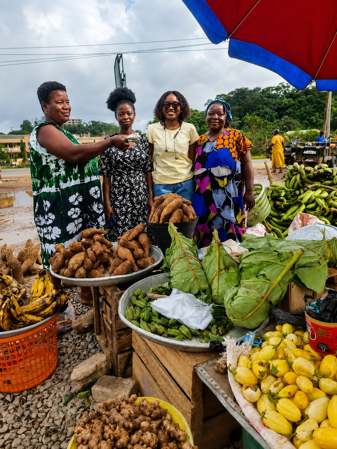 Kuapa Dwaso team members with two traders at a produce stall in Tarkwa